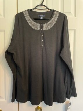 Chaps Black Long-Sleeve Embellished Henley Top